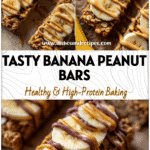 Close-up of Homemade Granola Bars With Bananas drizzled with creamy peanut butter for a tasty vegan snack.